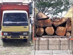 Satreskrim Polres Aceh Besar Hadang Cold Diesel Mitsubishi bermuatan Kayu Ilegal yang Melintas di Jalan Lambake 