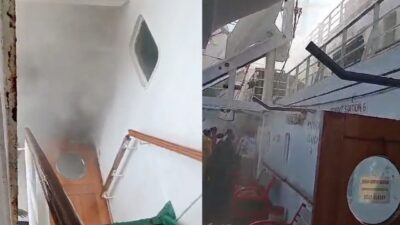 KM Bukit Raya Menuju Pelabuhan Pontianak Keluar Kepulan Asap di Depan