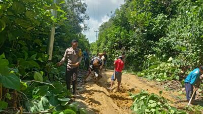 Aksi Peduli Bhabinkamtibmas Polsek Sokan Bersama Petugas PLN dan Masyarakat Gelar Kerja Bakti