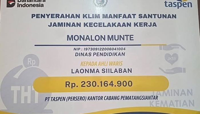 Ahli Waris Monalon, ASN Diknas Humbahas Terima Santunan Rp. 230.164.900